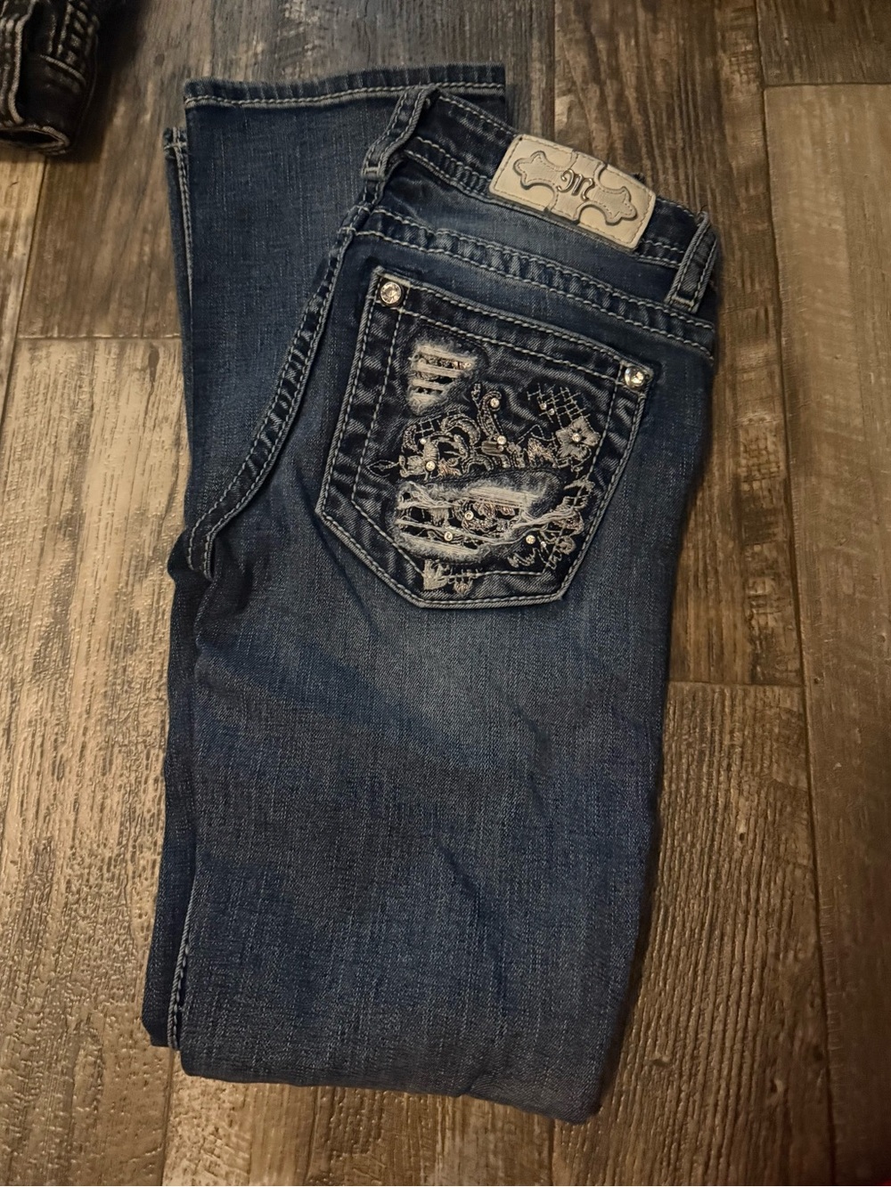 Miss Me Dark Blue Slim Straight Men’s Jeans with Embroidered Back Pocket